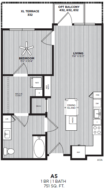 A floor plan of an apartment with a bedroom, living room, and dining room.